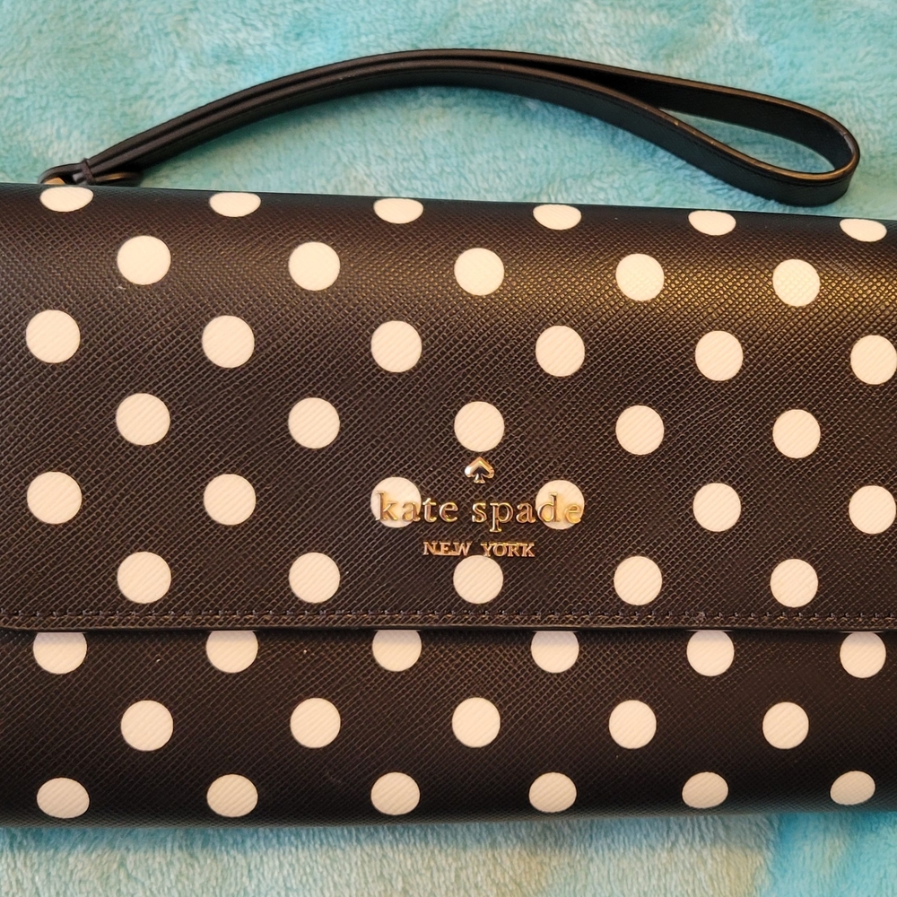 Kate Spade Black and White Polka Dot Wristlet Callout- Scratches On Hardware-Bag